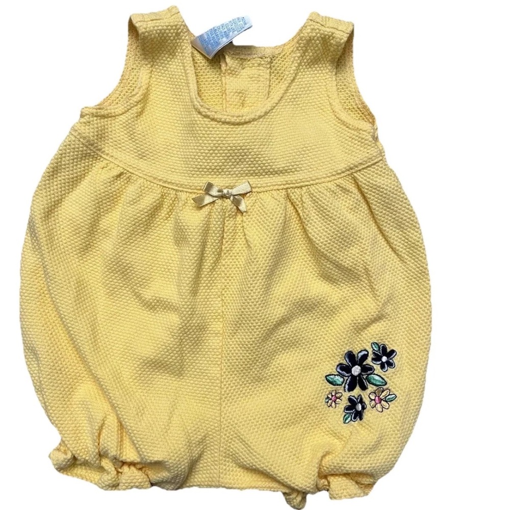 Bright Yellow Vintage 90s all‎ Cotton baby Bubble floral embroidery girls 3-6 MO